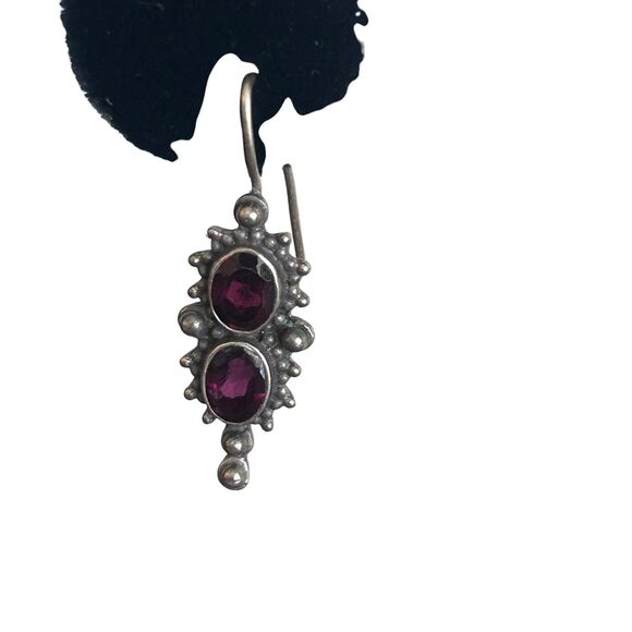 Vintage Sterling Silver Garnet Dangle Earrings Boho Ethnic Style Handcrafted - Picture 3 of 6